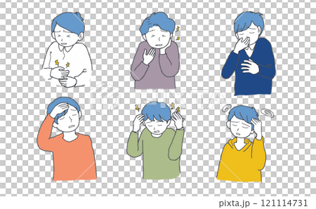 Illustration set 1 of a man with physical discomfort Illustration set 1 of a man with physical discomfort 121114731