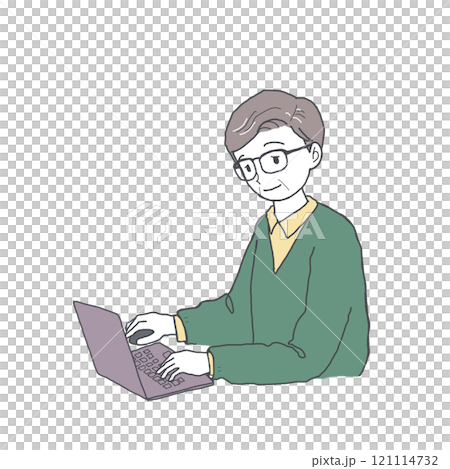 Illustration of a senior man using a laptop 121114732