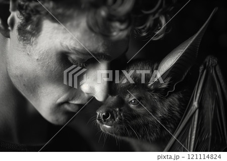 Close connection between a person and a bat, showcasing an unusual bond and affection. Close connection between a person and a bat, showcasing an unusual bond and affection. 121114824