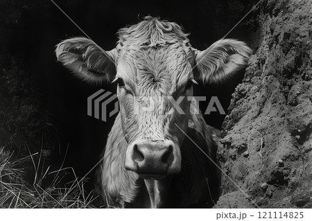 Close-up of a cow's face, showcasing its curious expression in a natural setting. Close-up of a cow's face, showcasing its curious expression in a natural setting. 121114825