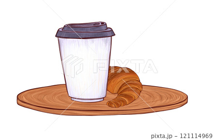 Coffee cup with lid and croissant on wooden plate. Minimalist coffee-to-go and pastry illustration. Warm croissant paired with paper cup. Great for bakery branding and menu, for morning-themed concept 121114969