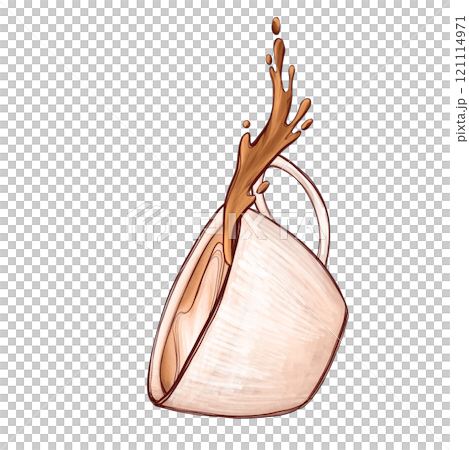 Hand-drawn coffee splash forming artistic curves. Isolated illustration of a white cup with brown liquid. Perfect artwork for coffee shop and brewing concepts Hand-drawn coffee splash forming artistic curves. Isolated illustration of a white cup with brown liquid. Perfect artwork for coffee shop and brewing concepts 121114971