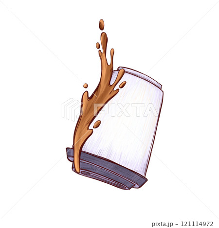 Coffee splash from tilted paper cup artwork. Creative beverage spill with energetic lines. Ideal for branding, ads, or menu visuals use in modern designs 121114972