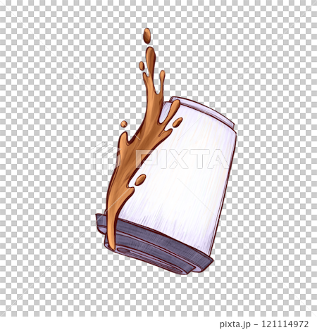 Coffee splash from tilted paper cup artwork. Creative beverage spill with energetic lines. Ideal for branding, ads, or menu visuals use in modern designs 121114972