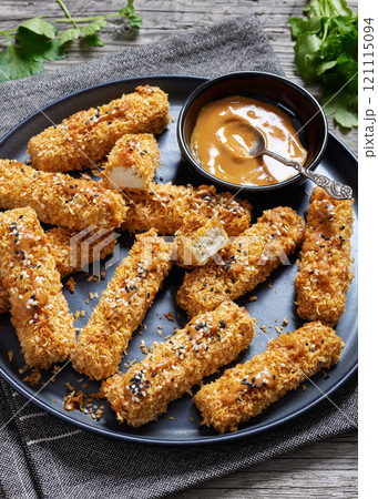 panko breaded tofu sticks with peanut butter sauce panko breaded tofu sticks with peanut butter sauce 121115094