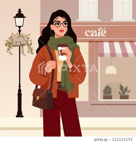A flat vector illustration of a stylish woman standing near a cozy cafe while holding a coffee cup. She is dressed in a chic autumn outfit with a scarf, crossbody bag, and glasses, perfectly capturing 121115155