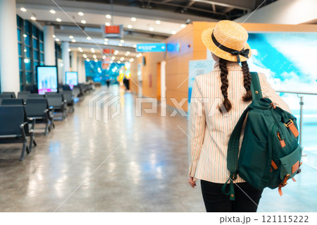 Back view of young woman in a hat and jacket, with backpack on her back, walks through the airport. Copy space. Concept of traveling by plane Back view of young woman in a hat and jacket, with backpack on her back, walks through the airport. Copy space. Concept of traveling by plane 121115222