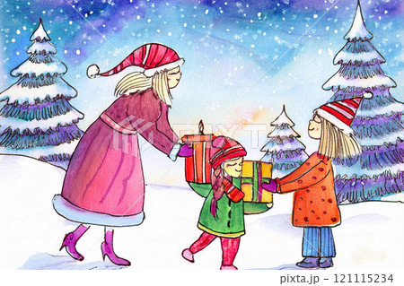 子供達にプレゼントを渡すサンタクロースまたは母親 子供達にプレゼントを渡すサンタクロースまたは母親 121115234