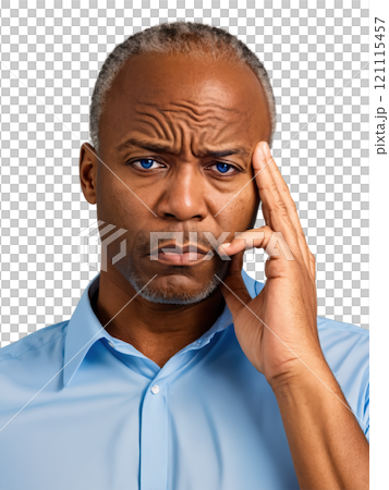 A African American middle-aged man with blond shoulder-length hair, blue eyes, wearing casual, showing frustration with a frown, with one A African American middle-aged man with blond shoulder-length hair, blue eyes, wearing casual, showing frustration with a frown, with one 121115457