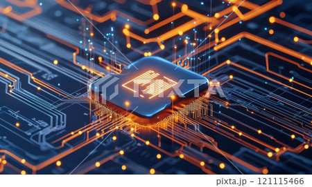 Digital transformation concept. glowing microchip on futuristic circuit board 121115466