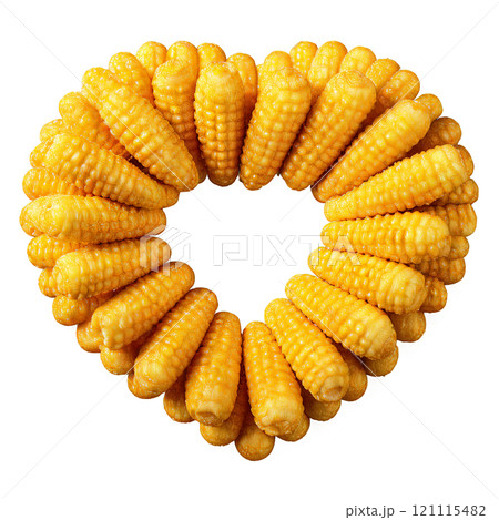 Round golden corn puffs evenly distributed in a heart shape Food and culinary concept showcasing 121115482
