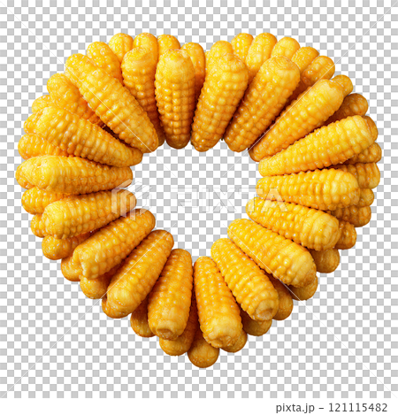 Round golden corn puffs evenly distributed in a heart shape Food and culinary concept showcasing 121115482