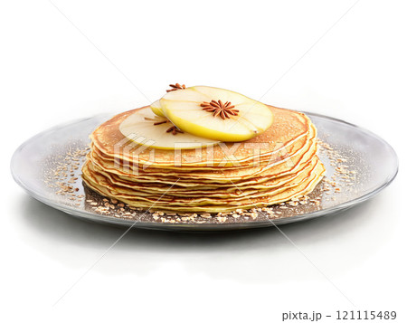 Pancakes oat bran with sliced pears and a sprinkle of cinnamon on a transparent glass 121115489