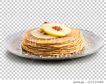 Pancakes oat bran with sliced pears and a sprinkle of cinnamon on a transparent glass 121115489