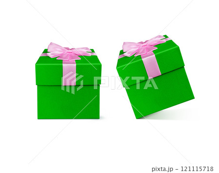 Green gift box tied with pink bow on white background. 121115718