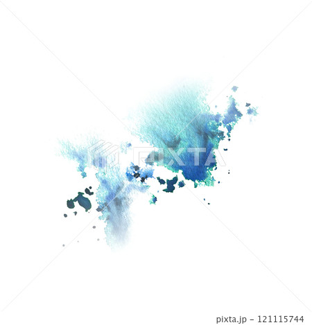 Blue, turquoise paint splashes with a brush, dots, drops, abstract. Watercolor illustration hand-drawn isolated from the background for design, decoration and addition of plots, backgrounds Blue, turquoise paint splashes with a brush, dots, drops, abstract. Watercolor illustration hand-drawn isolated from the background for design, decoration and addition of plots, backgrounds 121115744