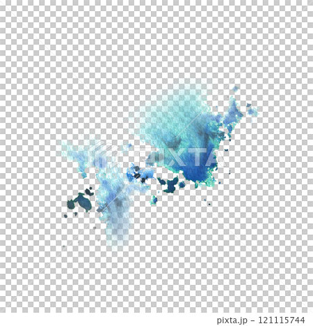 Blue, turquoise paint splashes with a brush, dots, drops, abstract. Watercolor illustration hand-drawn isolated from the background for design, decoration and addition of plots, backgrounds Blue, turquoise paint splashes with a brush, dots, drops, abstract. Watercolor illustration hand-drawn isolated from the background for design, decoration and addition of plots, backgrounds 121115744