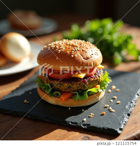 Tasty veggie burger on slate Tasty veggie burger on slate 121115754