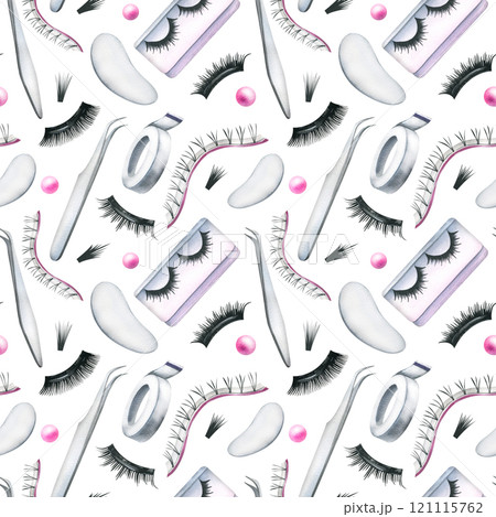 False eyelashes for extensions, tweezers, women's eyes, patches and flowers. Hand drawn watercolor illustration. Seamless pattern on a white background. 121115762