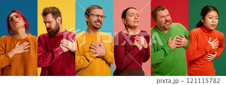 Collage. People of different ages and races, man and woman, felling heartache against vibrant studio background. Heart attack. 121115782