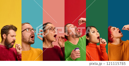 Collage. Banner. People of different ages and races drinks pills, vitamins against vibrant, multicolored studio background. 121115785