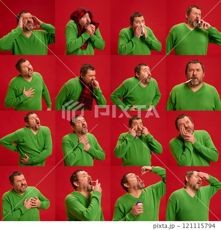 Portrait of mature man feels bad, sick posing against vibrant red studio background. Collage of symptoms and treatments. 121115794