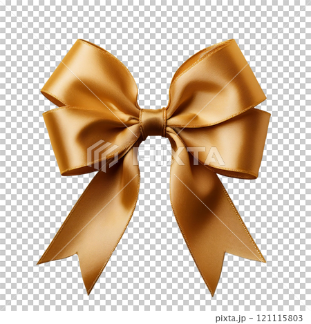 Tied golden satin ribbon bow with a smooth texture, isolated on transparent background, perfect for elegant gift wrapping, decorations, and special occasion styling Tied golden satin ribbon bow with a smooth texture, isolated on transparent background, perfect for elegant gift wrapping, decorations, and special occasion styling 121115803