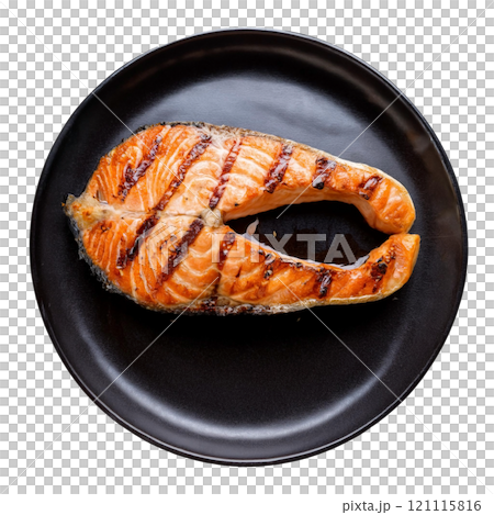 Grilled salmon steak with crispy skin and tender flesh, isolated on transparent background, perfect for food photography, seafood dishes, and healthy meal styling 121115816