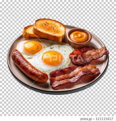 Breakfast plate with crispy bacon, savory sausage, and fried eggs, isolated on transparent background, perfect for food photography and morning meal styling 121115817