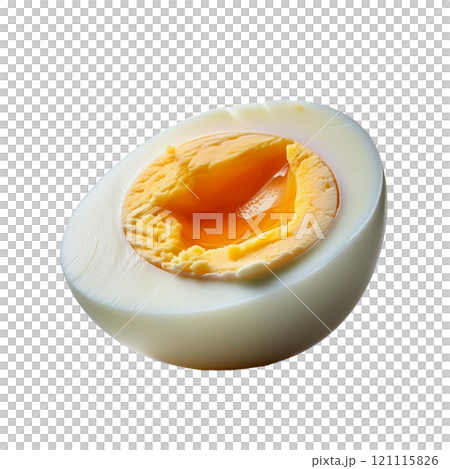 Boiled egg with a smooth, firm white and perfectly cooked yolk, isolated on transparent background, ideal for food photography, healthy meals, and breakfast stylin 121115826
