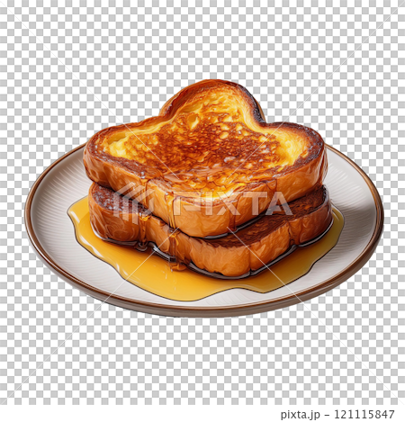 Plate of golden French toast with a crispy exterior and soft interior, isolated on transparent background, perfect for breakfast photography, sweet treats, and food styling 121115847