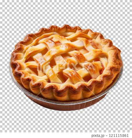 Traditional apple pie with a buttery crust and spiced apple filling, isolated on transparent background, perfect for dessert photography, seasonal treats, and food styling Traditional apple pie with a buttery crust and spiced apple filling, isolated on transparent background, perfect for dessert photography, seasonal treats, and food styling 121115861