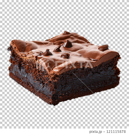 Decadent brownie with rich chocolate chunks, isolated on transparent background, perfect for dessert photography, sweet treats, and food styling Decadent brownie with rich chocolate chunks, isolated on transparent background, perfect for dessert photography, sweet treats, and food styling 121115878