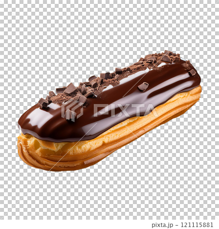 Delicious chocolate eclair with rich filling and smooth chocolate glaze, isolated on transparent background, perfect for dessert photography, bakery treats, and food styling 121115881