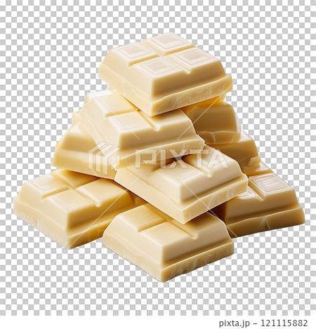 Pile of white chocolate bars stacked together, isolated on transparent background, perfect for dessert photography, sweet treats, and food styling 121115882