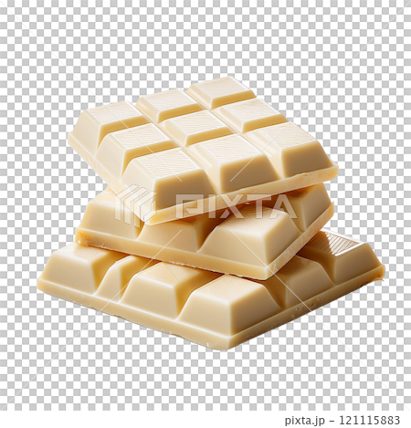 Stack of white chocolate bars isolated on transparent background, ideal for dessert photography, sweet treats, and culinary styling 121115883