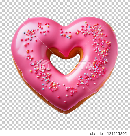 Valentines Day heart shaped pink donut with colorful sprinkles, isolated on transparent background, perfect for celebration, dessert photography, and holiday themed treats Valentines Day heart shaped pink donut with colorful sprinkles, isolated on transparent background, perfect for celebration, dessert photography, and holiday themed treats 121115895