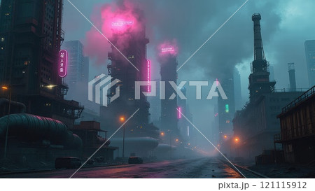 Urban landscape in neon fog. Generative AI Urban landscape in neon fog. Generative AI 121115912