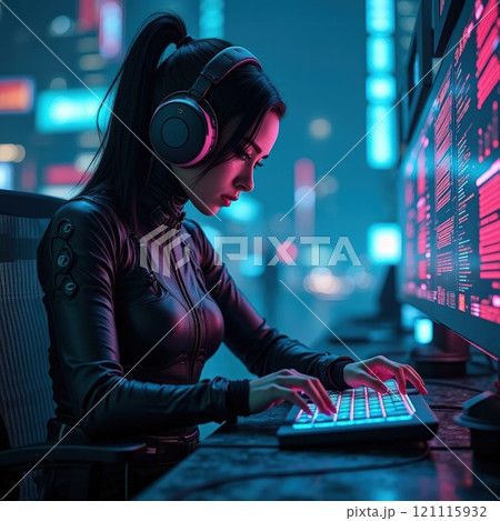 Futuristic hacker in urban setting. Generative AI 121115932