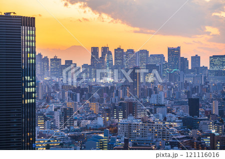 東京新宿の超高層ビル群、後方に富士山　夕景 121116016