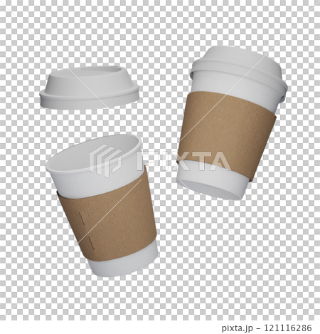 two white lid coffee cup floating in the air with sleeve 3D mock up image 121116286