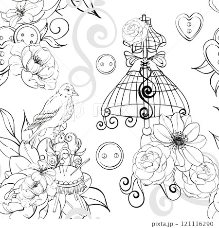 Vintage mannequin with victorian bird and curl. Floral arrangement and sewing tools - buttons, needles, scissors. Old fashion, dressmaker seamless pattern. Romantic and elegance sewing background and Vintage mannequin with victorian bird and curl. Floral arrangement and sewing tools - buttons, needles, scissors. Old fashion, dressmaker seamless pattern. Romantic and elegance sewing background and 121116290