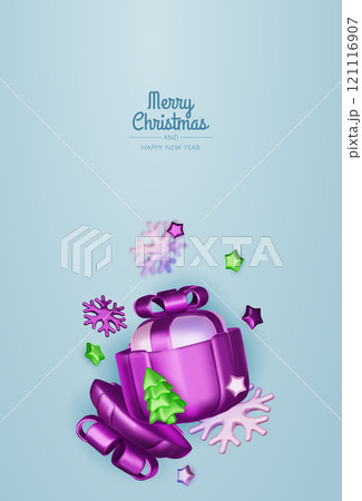 Christmas gifts box realistic 3d design. Xmas composition falling open pink gift boxes with festive decorative objects, balls bauble. Happy new year holiday background. Vector illustration 121116907