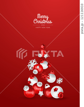 Happy New Year and Merry Christmas. Christmas holiday background with realistic 3d objects, bauble balls, conical metal stars. Levitation falling design composition. 121116910