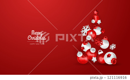 Christmas gifts box realistic 3d design. Xmas composition falling open pink gift boxes with festive decorative objects, balls bauble. Happy new year holiday background. Vector illustration Christmas gifts box realistic 3d design. Xmas composition falling open pink gift boxes with festive decorative objects, balls bauble. Happy new year holiday background. Vector illustration 121116916