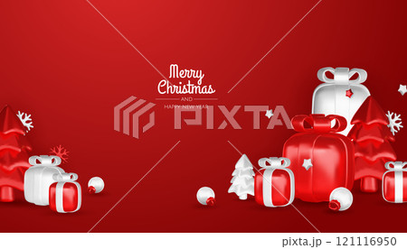 Christmas gifts box realistic 3d design. Xmas composition falling open pink gift boxes with festive decorative objects, balls bauble. Happy new year holiday background. Vector illustration Christmas gifts box realistic 3d design. Xmas composition falling open pink gift boxes with festive decorative objects, balls bauble. Happy new year holiday background. Vector illustration 121116950