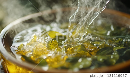 Steaming hot tea brews in a rustic bowl. Fresh leaves intertwine effortlessly in the warm water. Experience the essence of relaxation and flavor. Generative AI 121116987