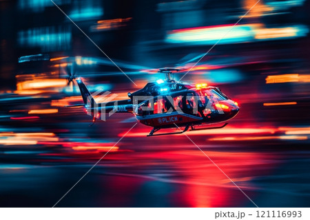 A high-speed police helicopter is flying through the night cityscape. Its vibrant lights cut through the darkness. Action unfolds in urban environments. Generative AI 121116993