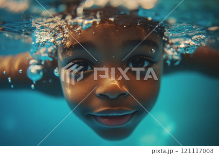 A young child smiles while submerged underwater in a serene pool. Bubbles surround their face creating a magical atmosphere. The vivid color brings joy. Generative AI 121117008