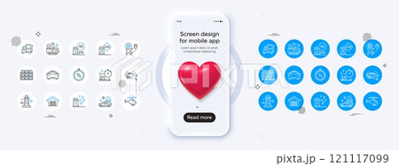 Phone mockup with 3d heart icon. Bus travel, Lighthouse and Parking garage line icons. Pack of Flight sale, Delivery online, Gas station icon. Vector 121117099